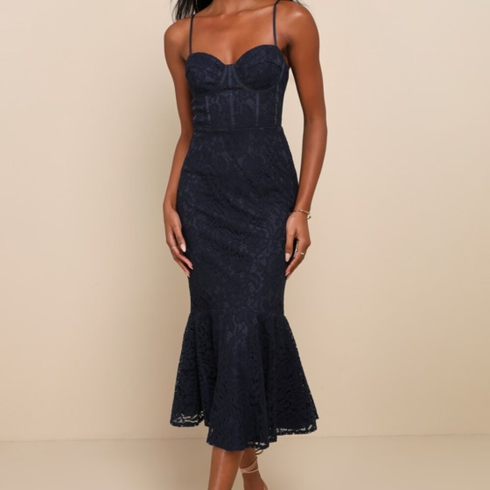 Lulus Found Your Love Navy Blue Lace Sleeveless Trumpet Midi Dress